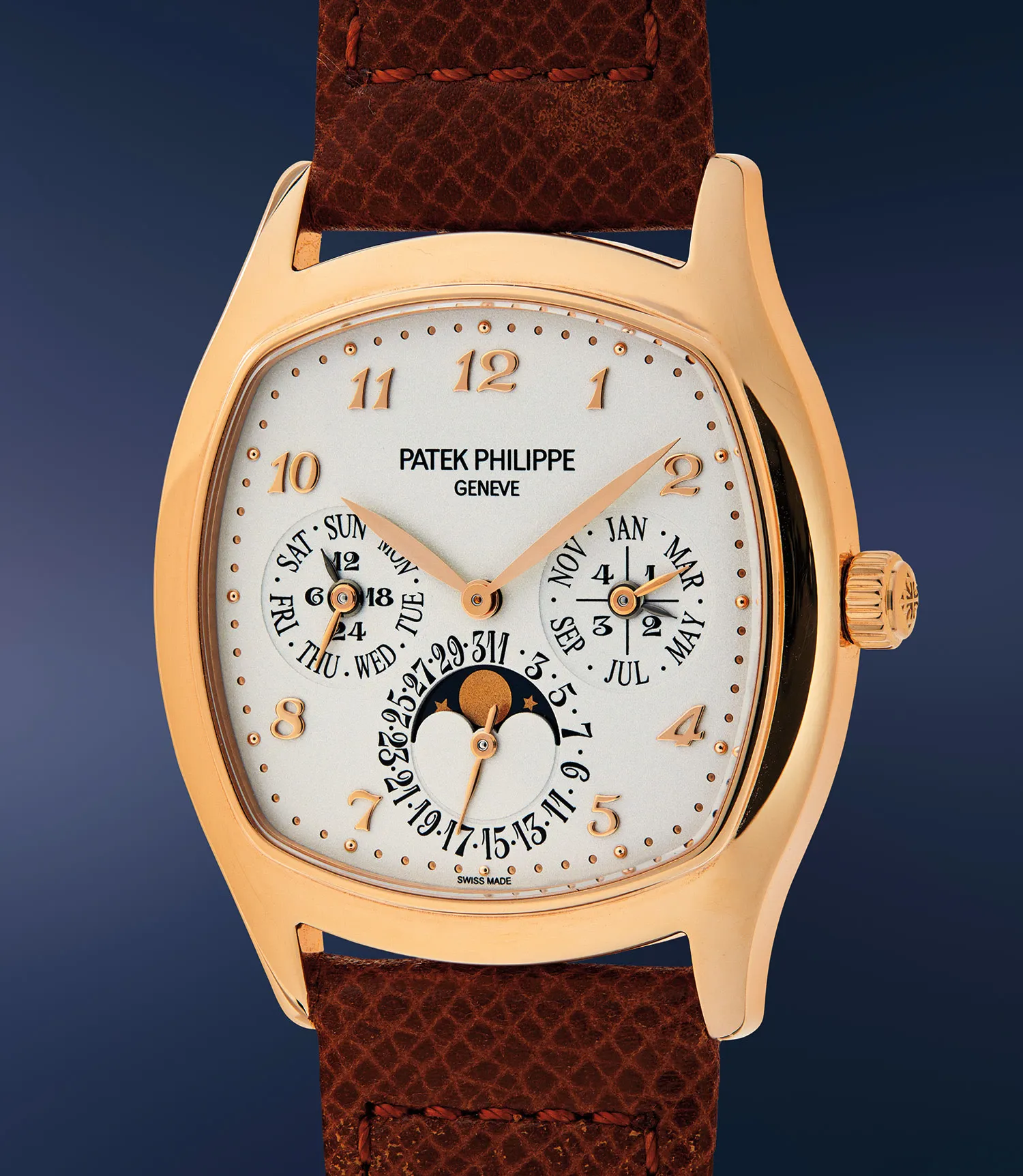 Ref. 5940RA fine and attractive pink gold cushion shaped perpetual calendar wristwatch with Breguet numerals moon phase Certificate of Origin