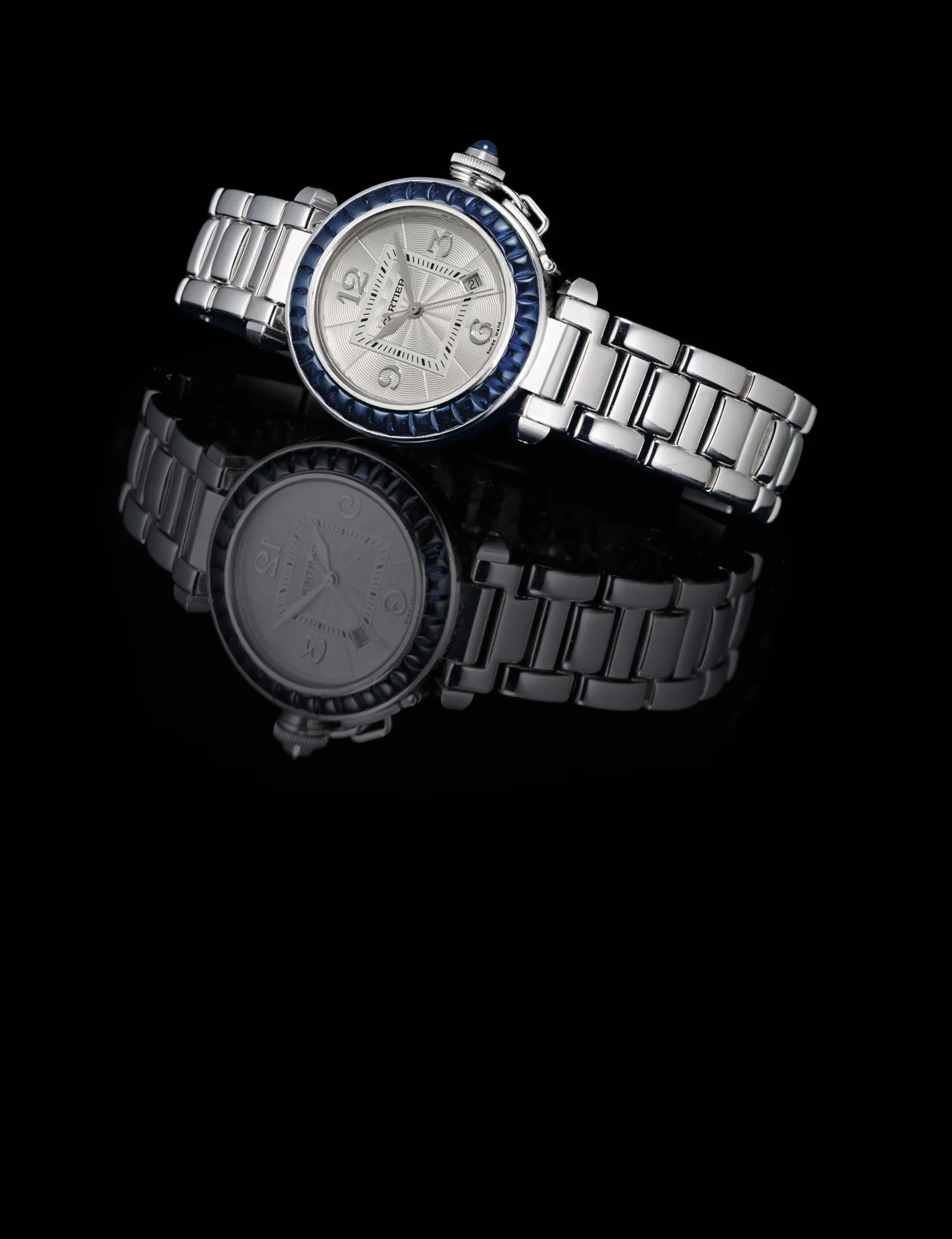 Cartier Pasha 2398 32mm 18k white gold and sapphire Silvered engine-turned