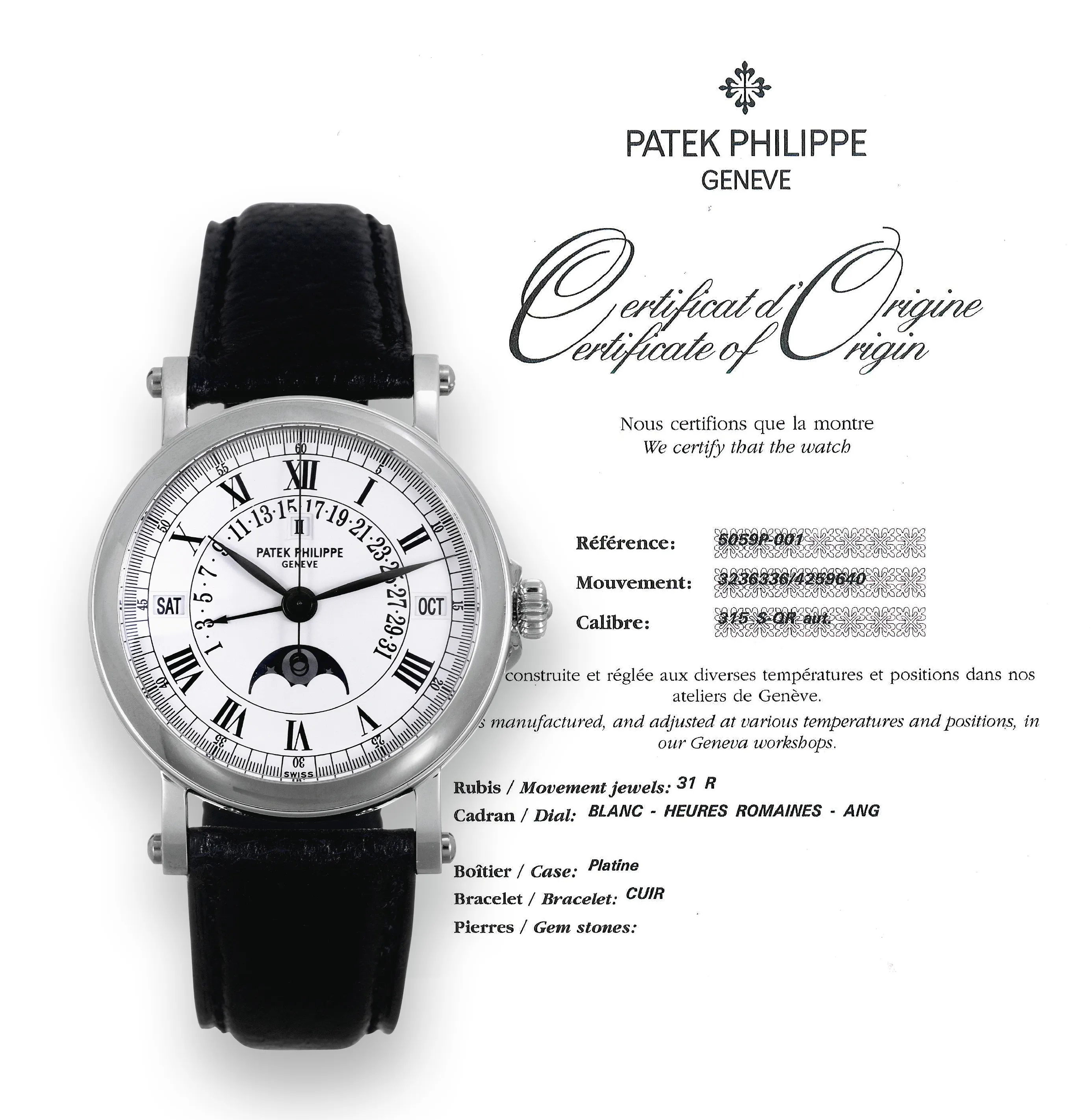 Patek Philippe Perpetual Calendar 5059P 36mm Platinum White