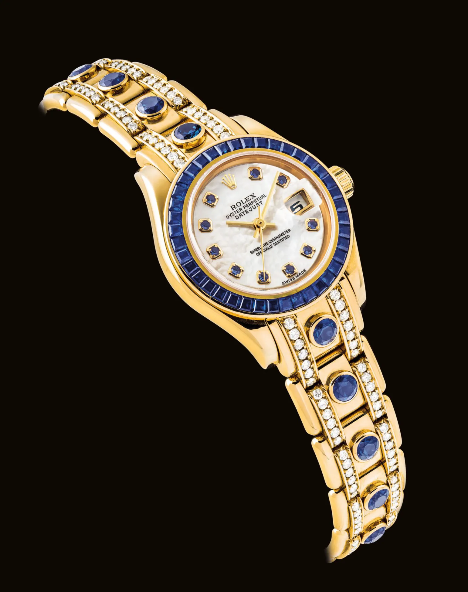 Rolex Lady-Datejust Pearlmaster 80308 28mm Yellow gold and Diamond and Sapphire Mother-of-pearl, sapphire-set