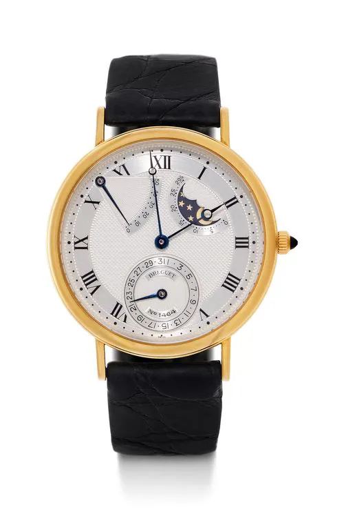 Breguet Classique Moonphase Power Reserve 3130. The dial and 36mm Yellow gold Silver