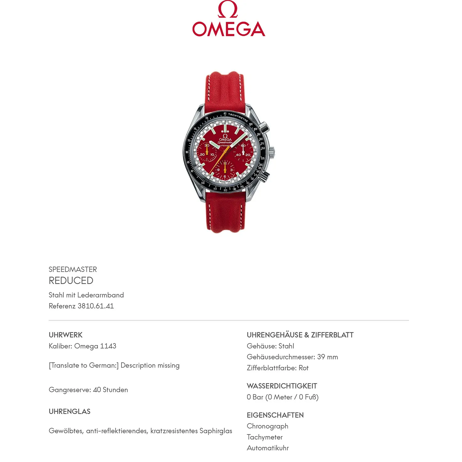 Omega Speedmaster Reduced 3810.61.41 39mm Stainless steel Red 9