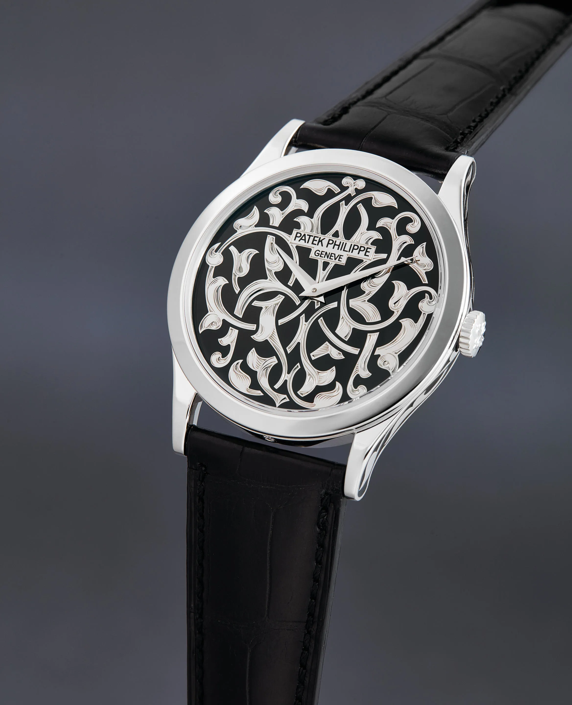 Patek Philippe World Time 5088/100P-001, Calatrava - Volutes and Arabesques 39mm Platinum Black