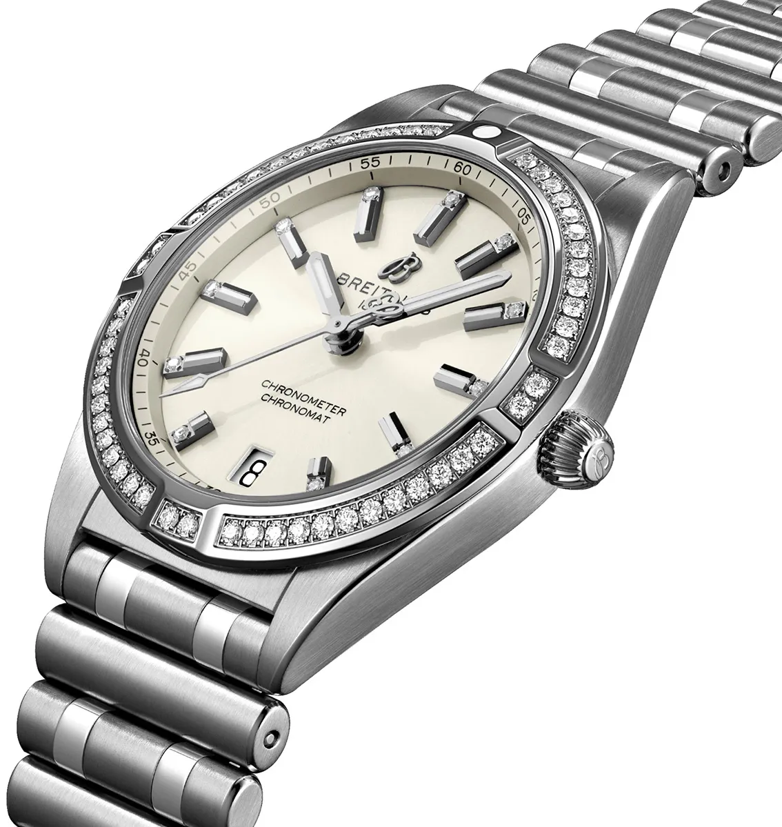 Breitling Chronomat A77310591A1A1 36mm Stainless steel White with luminescent markers diamonds and index markings, luminescent hands