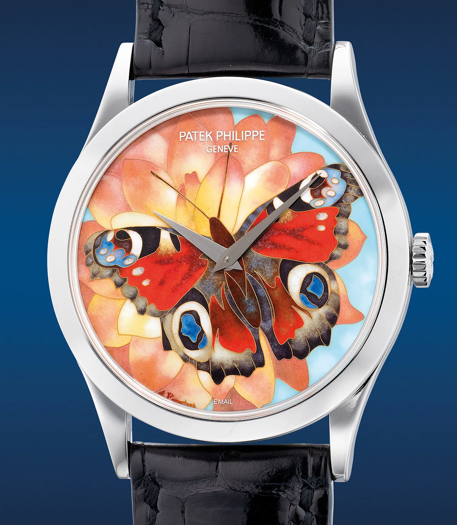 Patek Philippe Papillon 5077P-016 38mm Platinum Cloisonné enamel “Peacock butterfly”