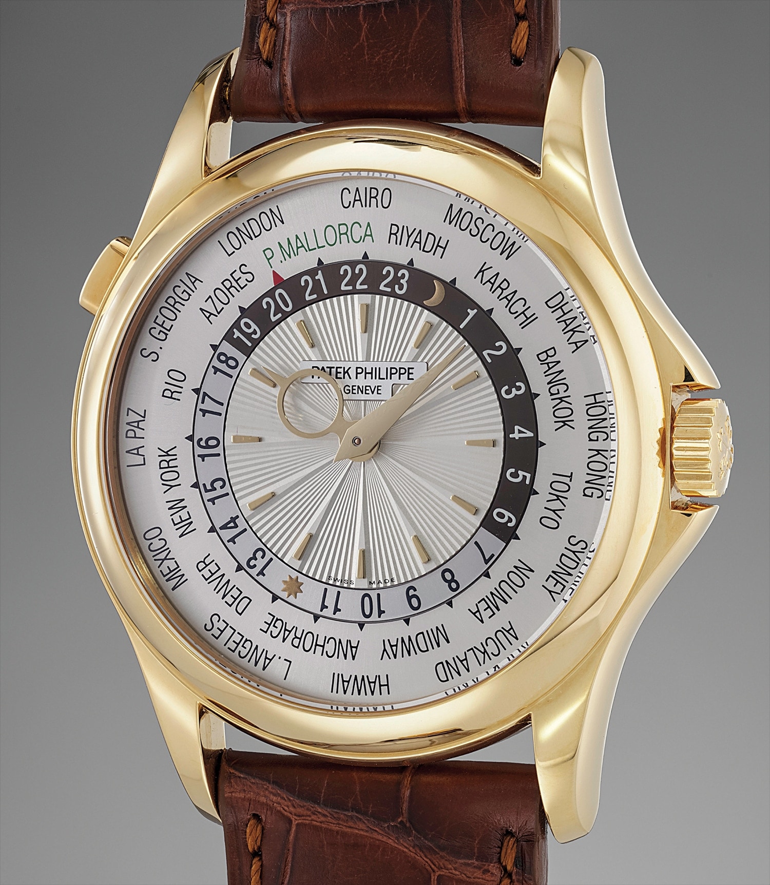 Patek Philippe Worldtime Relojeria Alemana Palma de Mallorca 5130J 012 Yellow gold Silver 2014 Switzerland The Geneva Watch Auction NINE Lot 190 EveryWatch