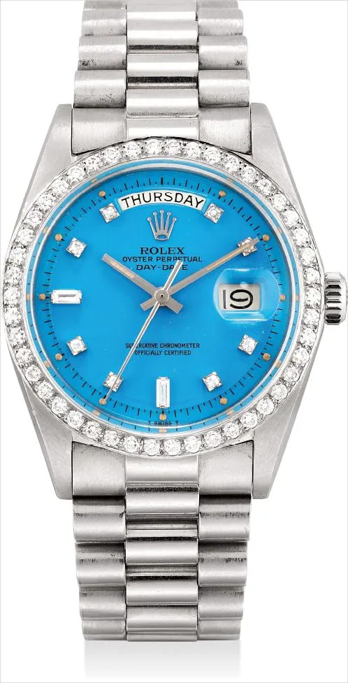 Rolex Day-Date 36 1804 36mm Platinum and Diamond Turquoise lacquer ‘Stella’