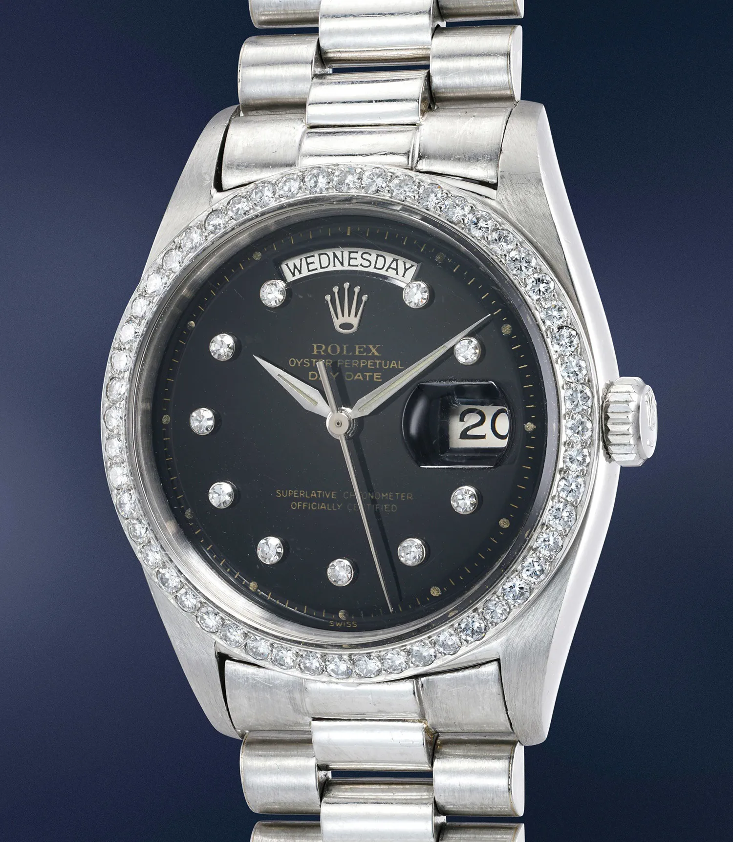 Rolex Day-Date 6612B, inside caseback stamped "6612" and "6613" 36mm Platinum and Diamond Black glossy