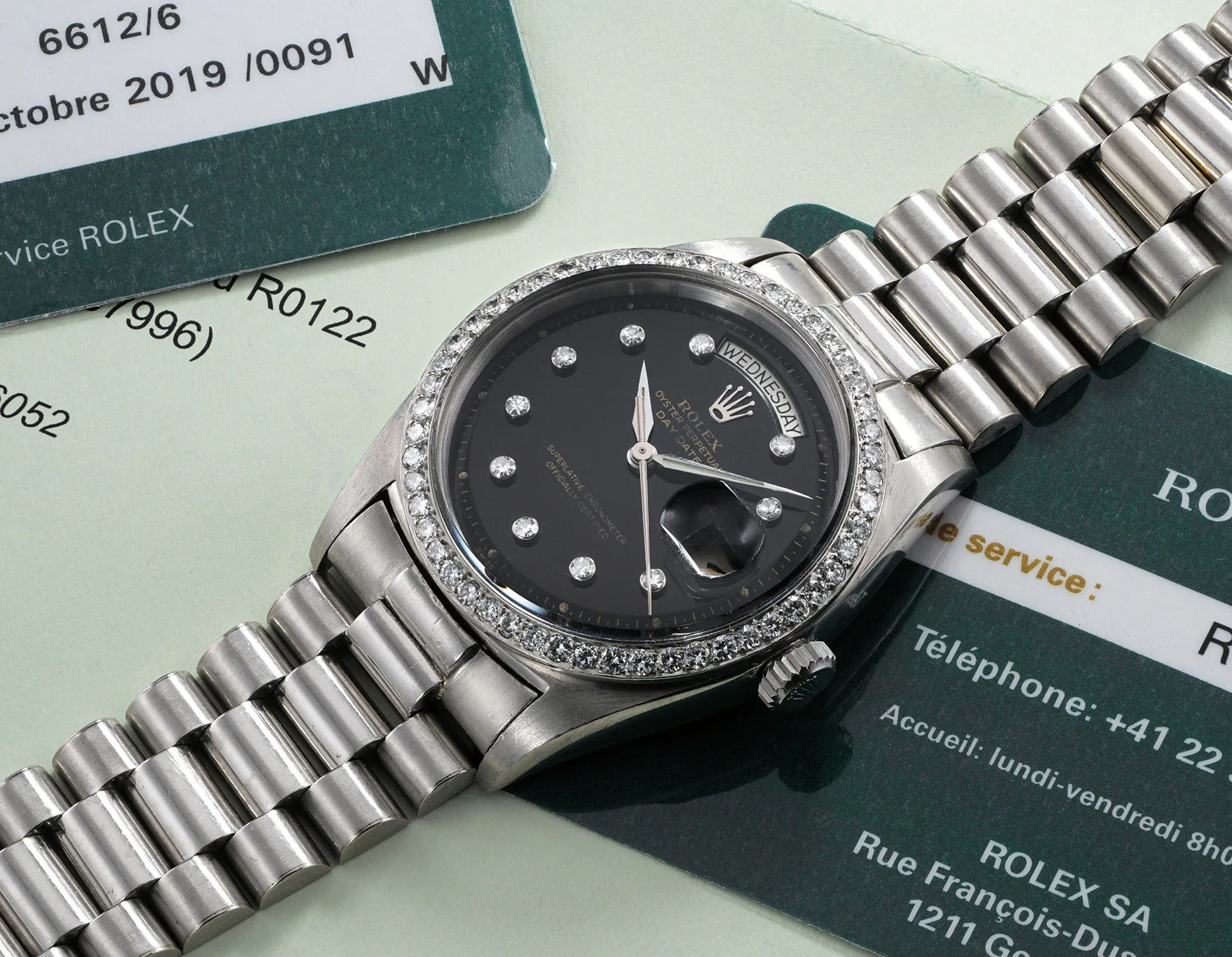 Rolex Day-Date 6612B, inside caseback stamped "6612" and "6613" 36mm Platinum and Diamond Black glossy 1