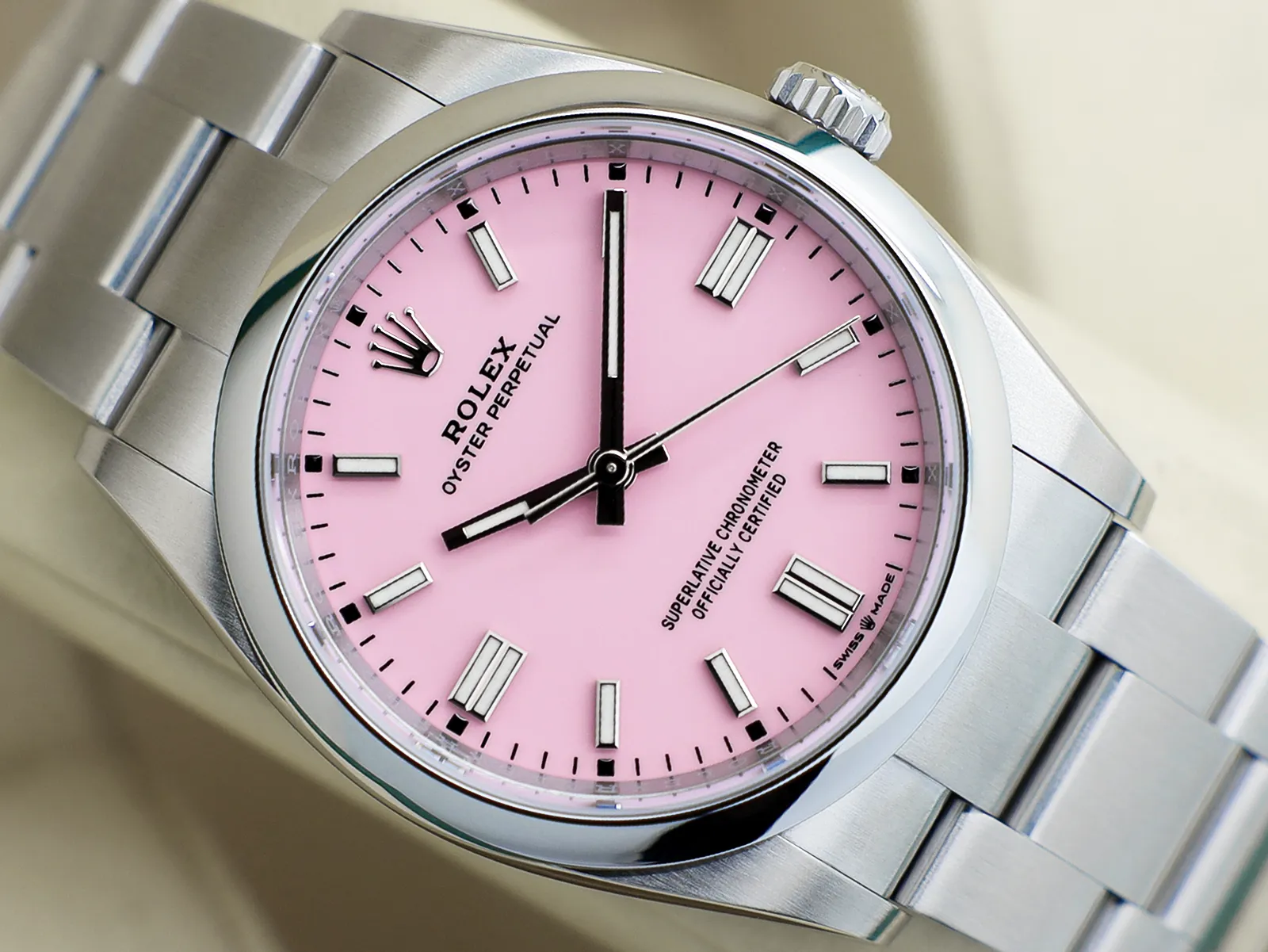 Rolex Oyster Perpetual 36 126000 36mm Candy Pink with Luminous Baton Markers