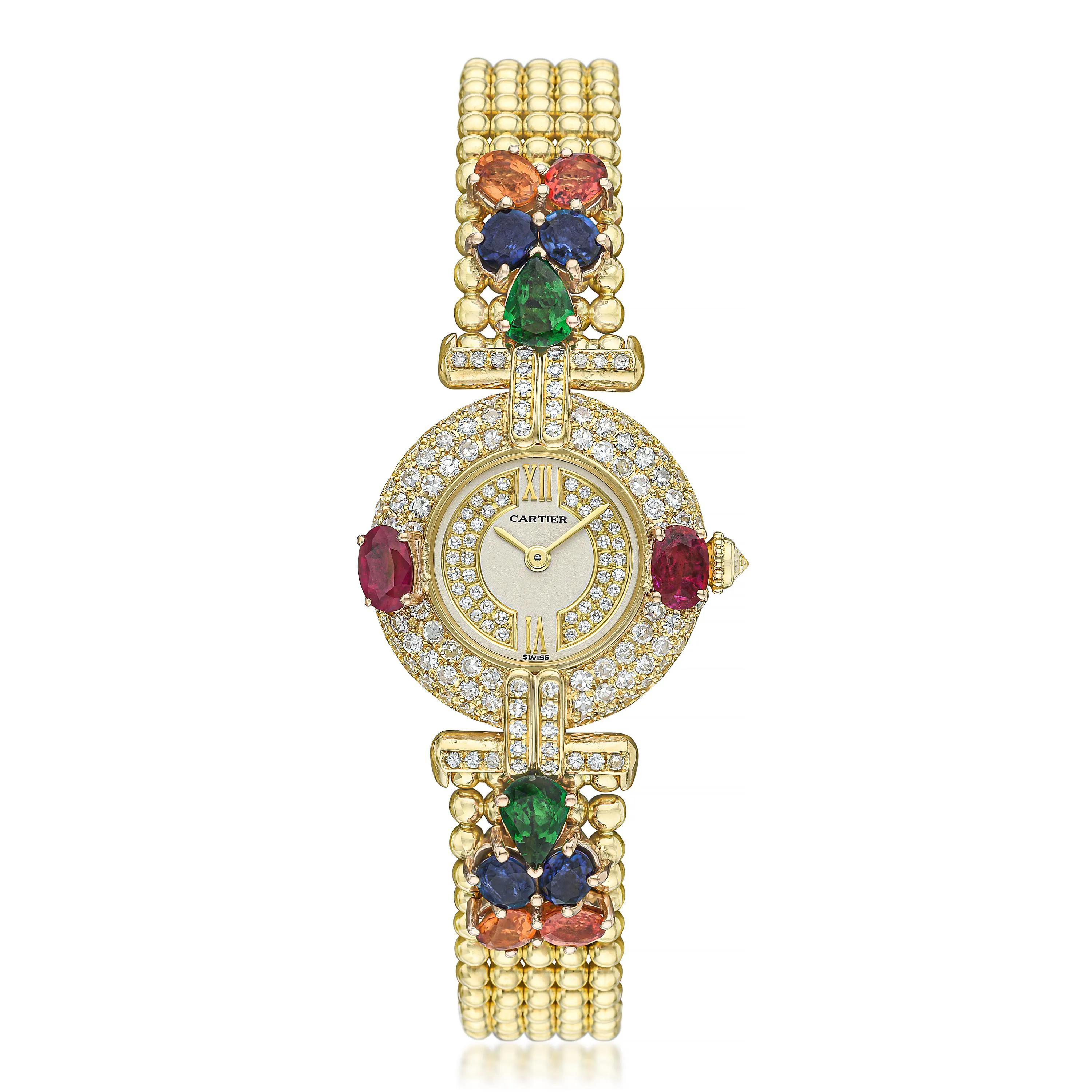 Cartier Colisee 1980 24mm 18k yellow gold, rubies, emeralds, and blue and yellow sapphires White