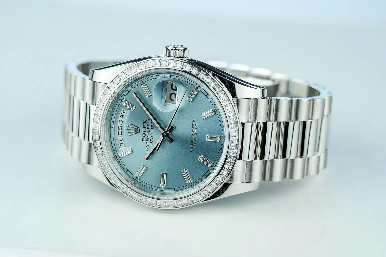 Rolex Day-Date 36 128396TBR 36mm Platinum and Diamond Ice blue