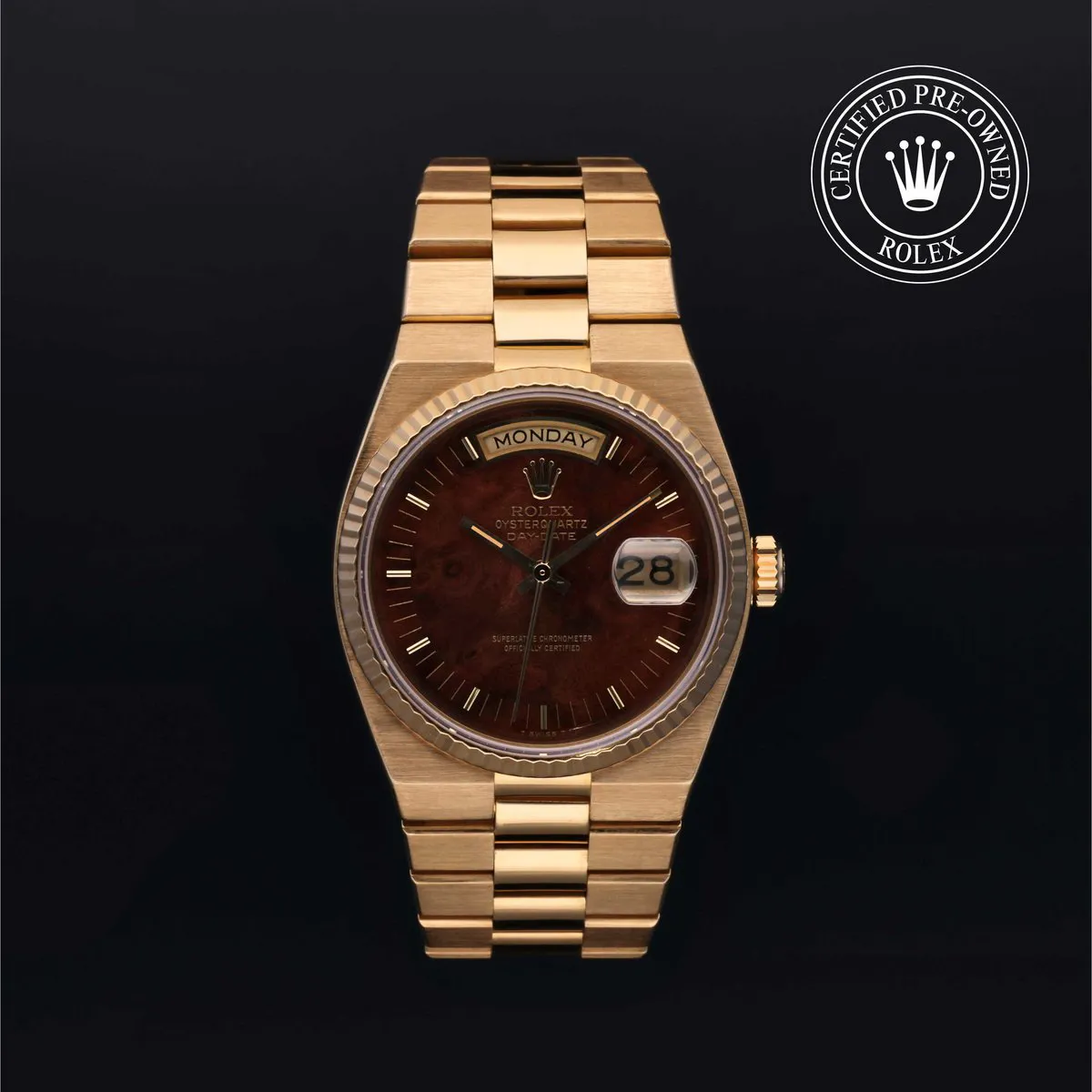 Rolex Day-Date Oysterquartz 19018 35.5mm Yellow gold Madrona (burl wood)