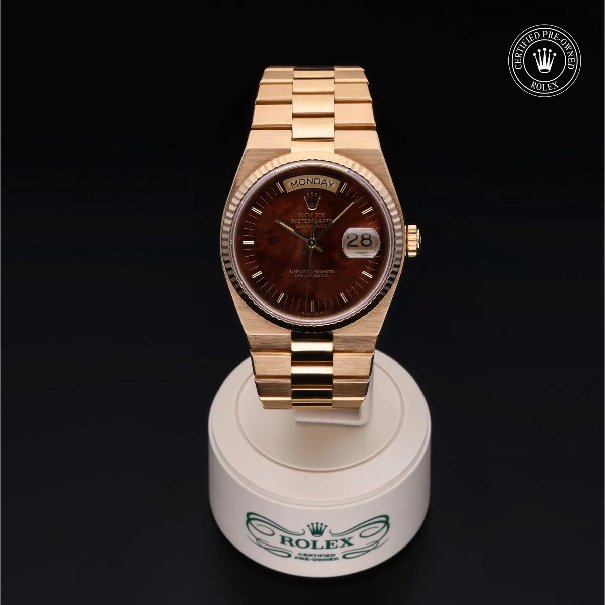 Rolex Day-Date Oysterquartz 19018 35.5mm Yellow gold Madrona (burl wood) 1