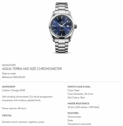 Omega Aqua Terra 2504.80 36.2mm Stainless steel Blue 9