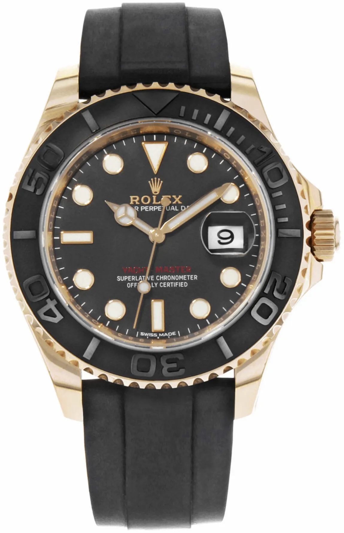 Rolex Yacht-Master 40 116655 40mm Everose gold Black w/ gold trimmed luminous hour markers and hands, minute markers at outer rim