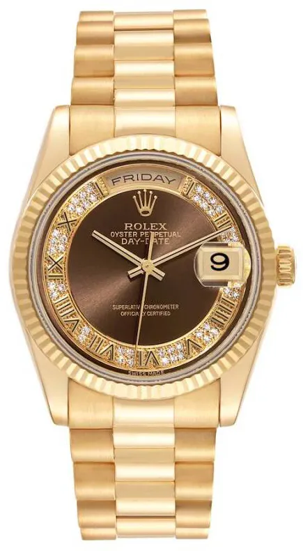 Rolex Day-Date 36 118238 36mm  yellow gold diamond Brown and Diamond