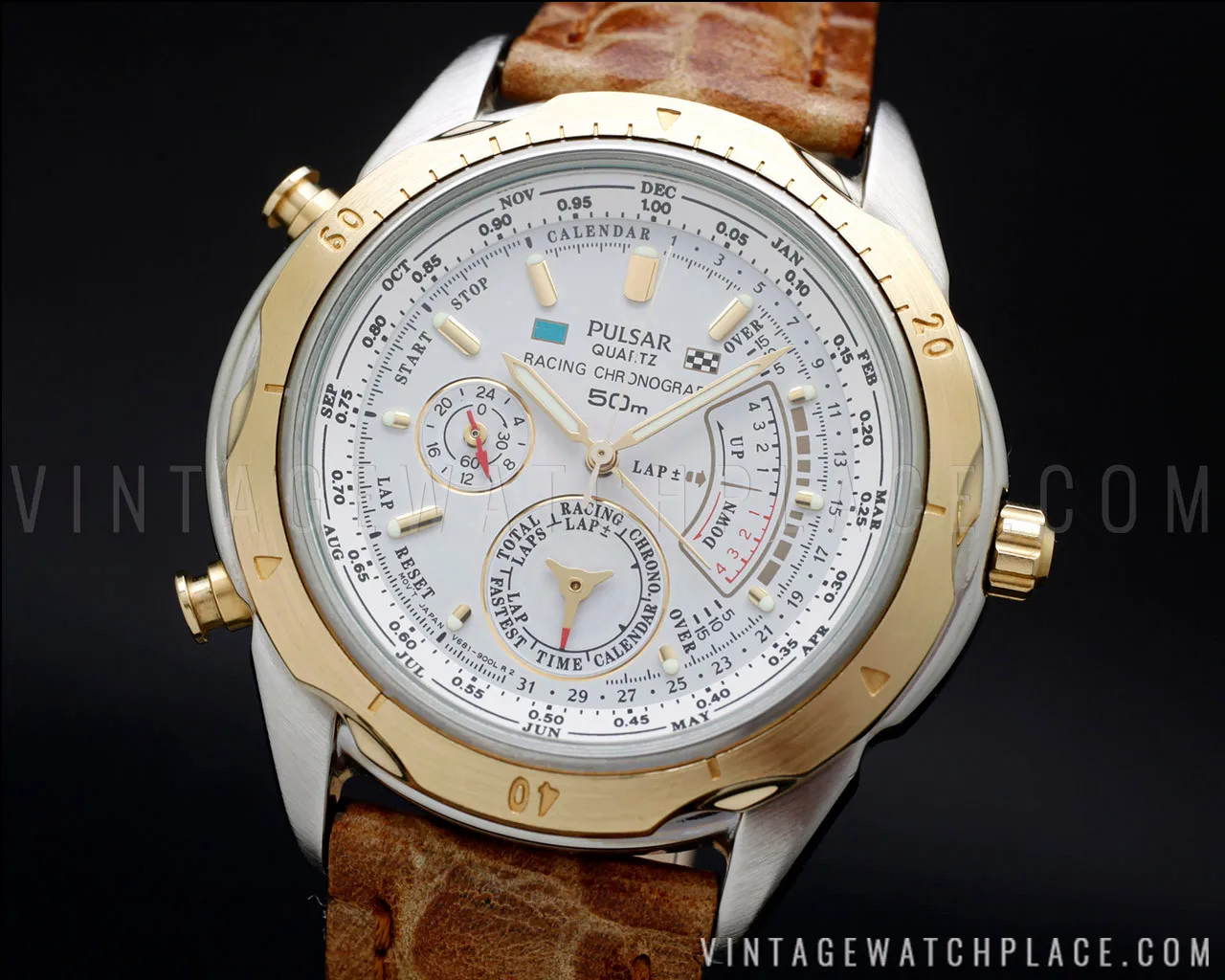 Mens PULSAR Rare Chronograph N94J-6B40 Alarm World Timer 42mm Gold Finish store Oyster