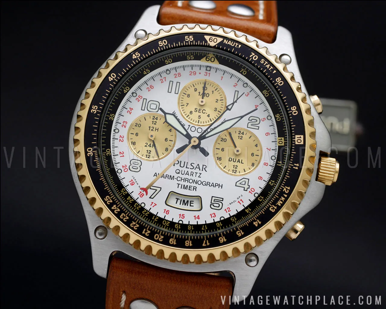 Mens PULSAR Rare Chronograph N94J-6B40 Alarm World Timer 42mm Gold Finish store Oyster