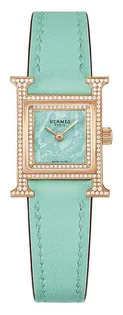 Hermès Heure H Mini Model 057325WW00 21mm Diamond Bleu Aqua Mother of Pearl